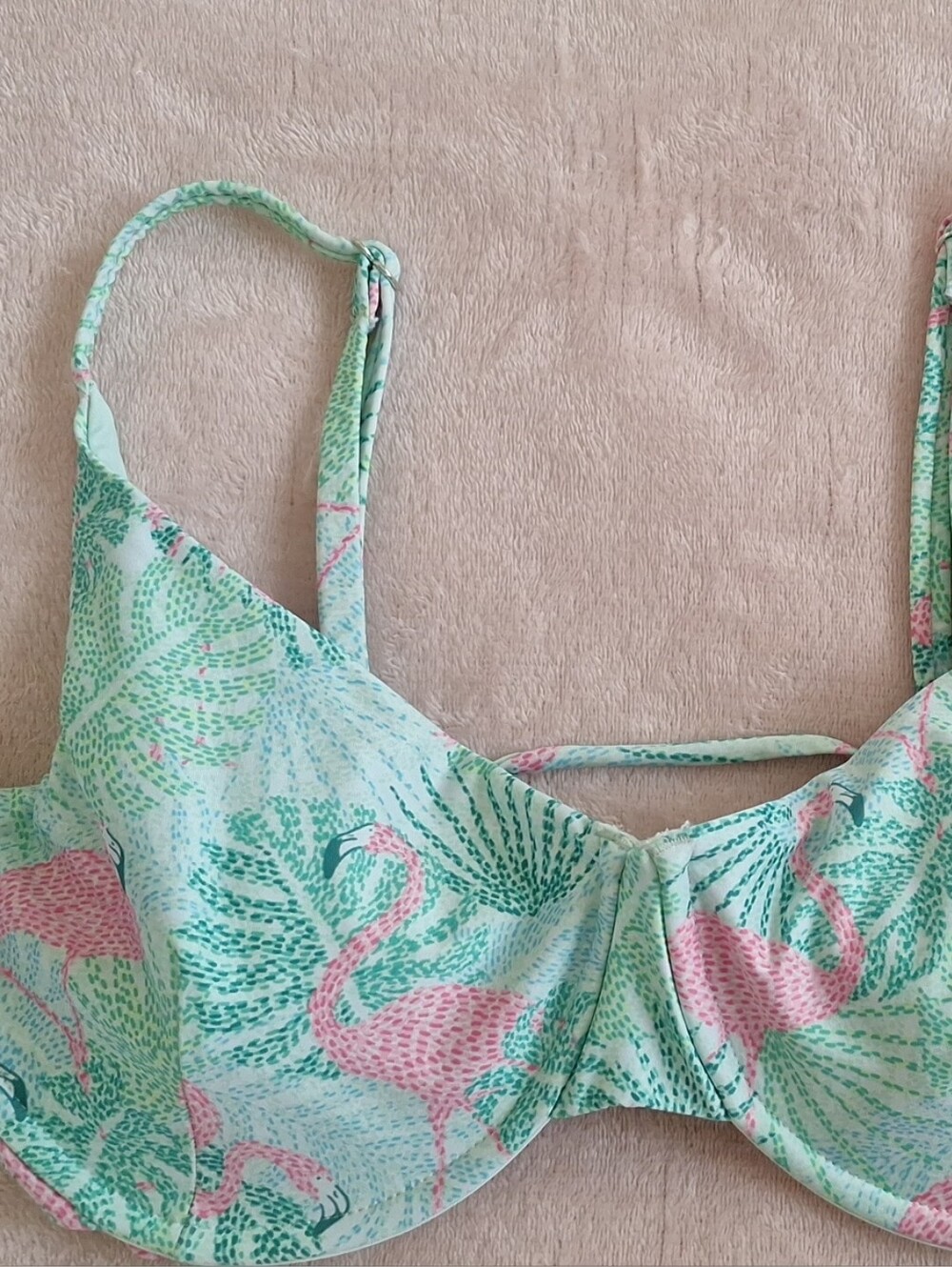 Kenny Flowers Mint Underwire Bra with Pink Flamingo Print, Sz DD
